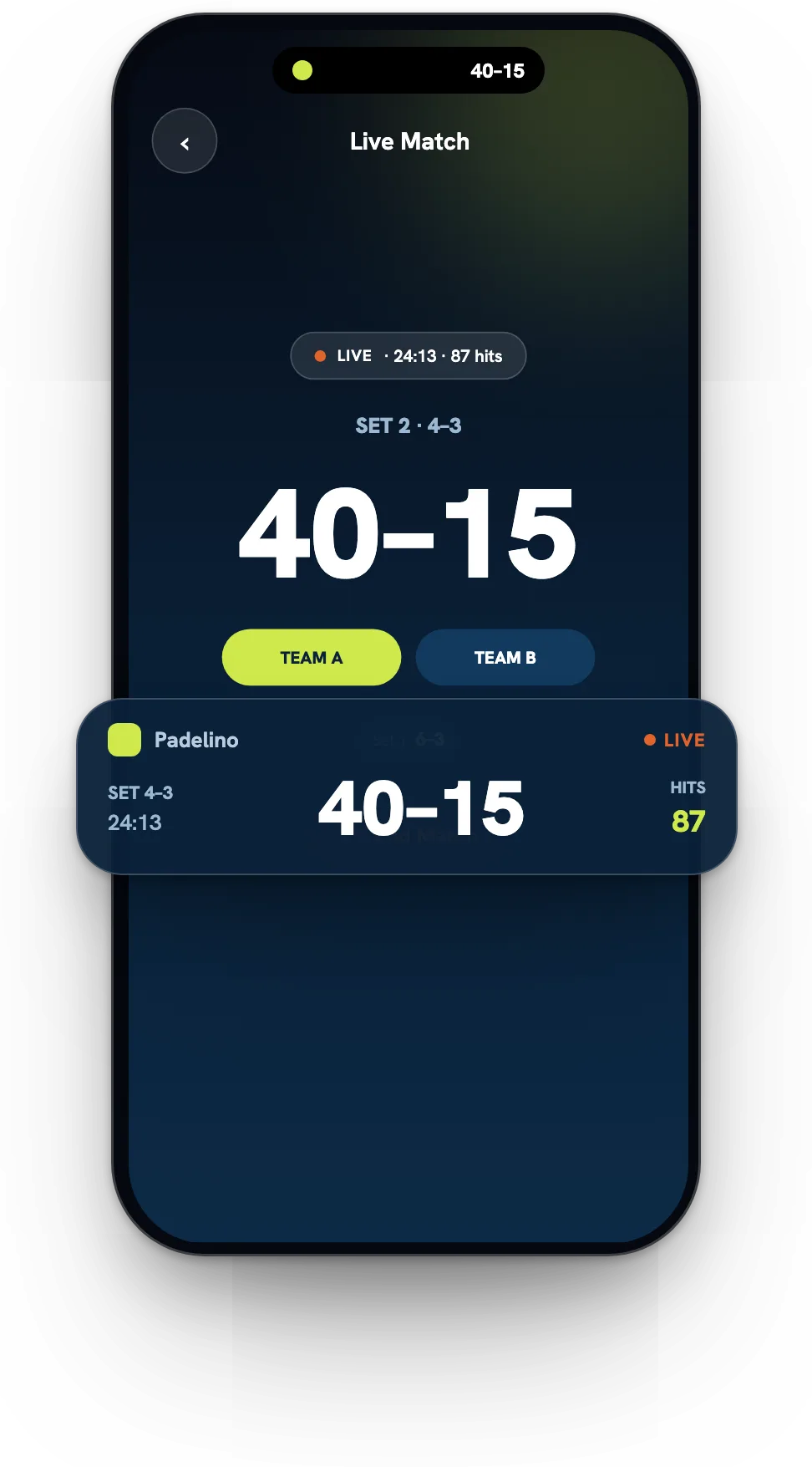 A phone showing a live match at 40-15 in set 2, with the score on the Lock Screen Live Activity and in the Dynamic Island