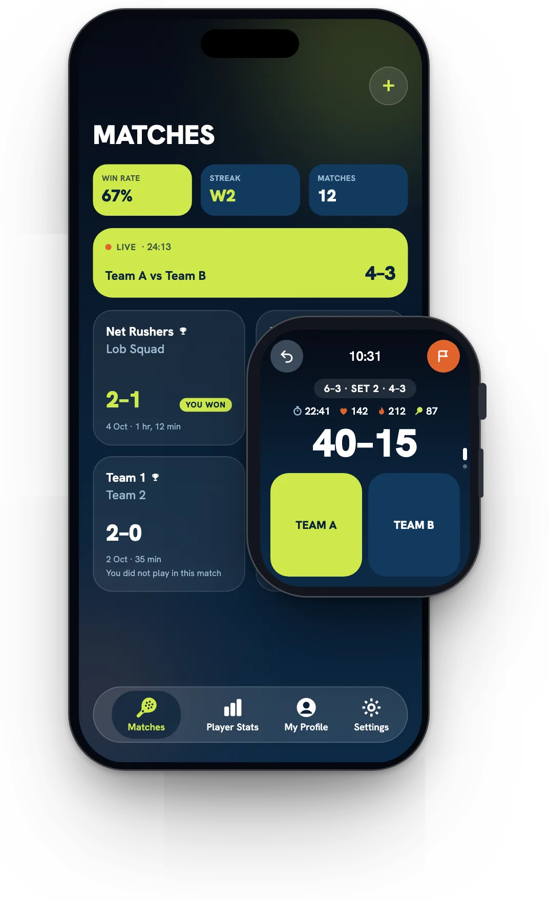 Padelino Matches screen on a phone with win rate, streak and recent matches, beside the Apple Watch scoring a live point at 40-15